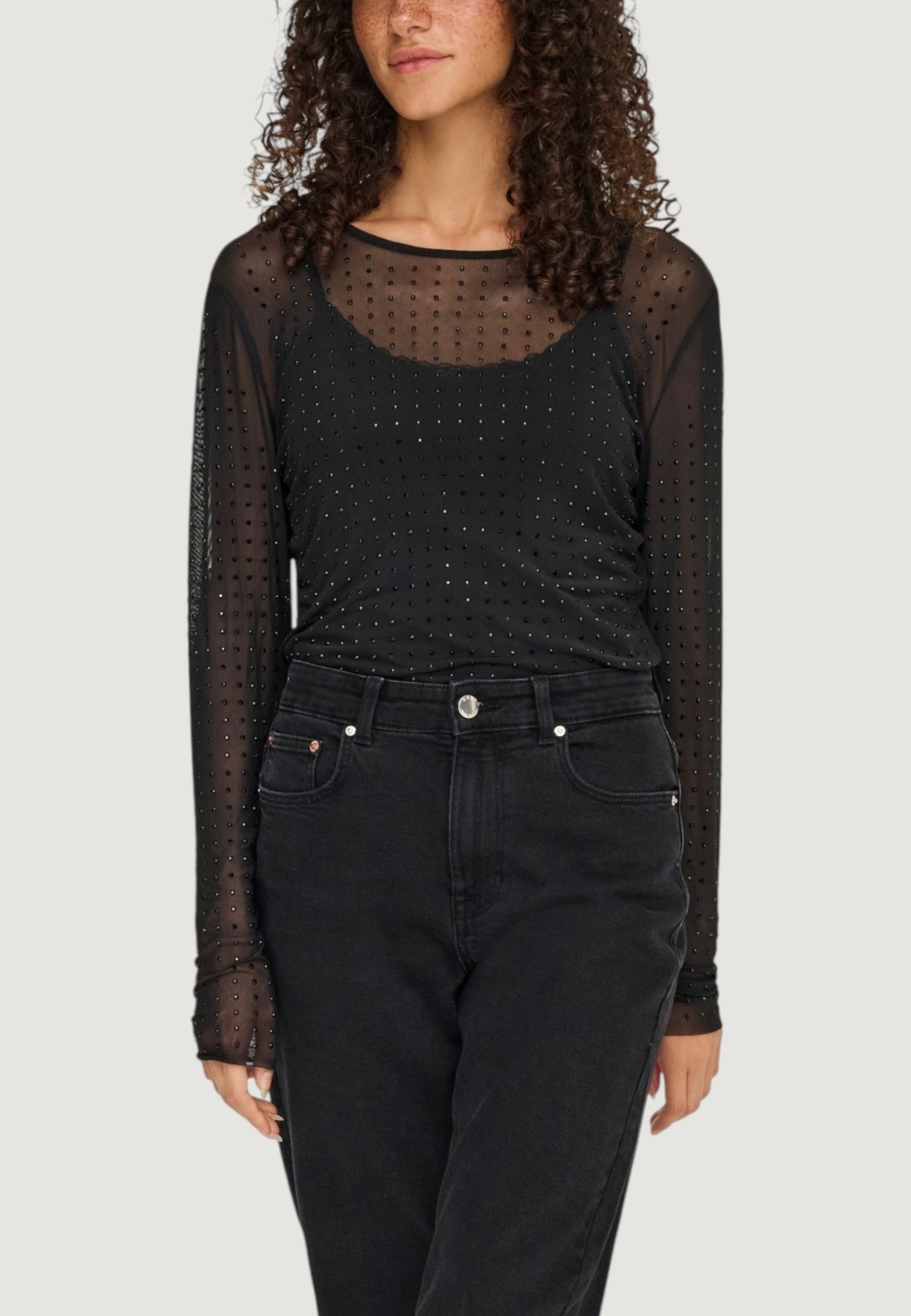 T-shirt Only Onlhilen Ls Rhinestone Mesh Top Wvn