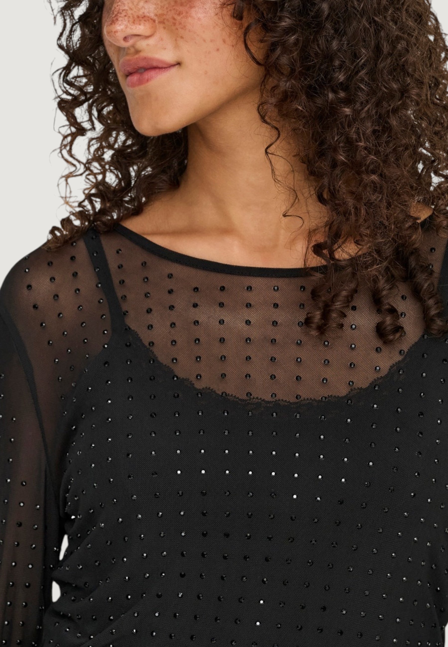 T-shirt Only Onlhilen Ls Rhinestone Mesh Top Wvn