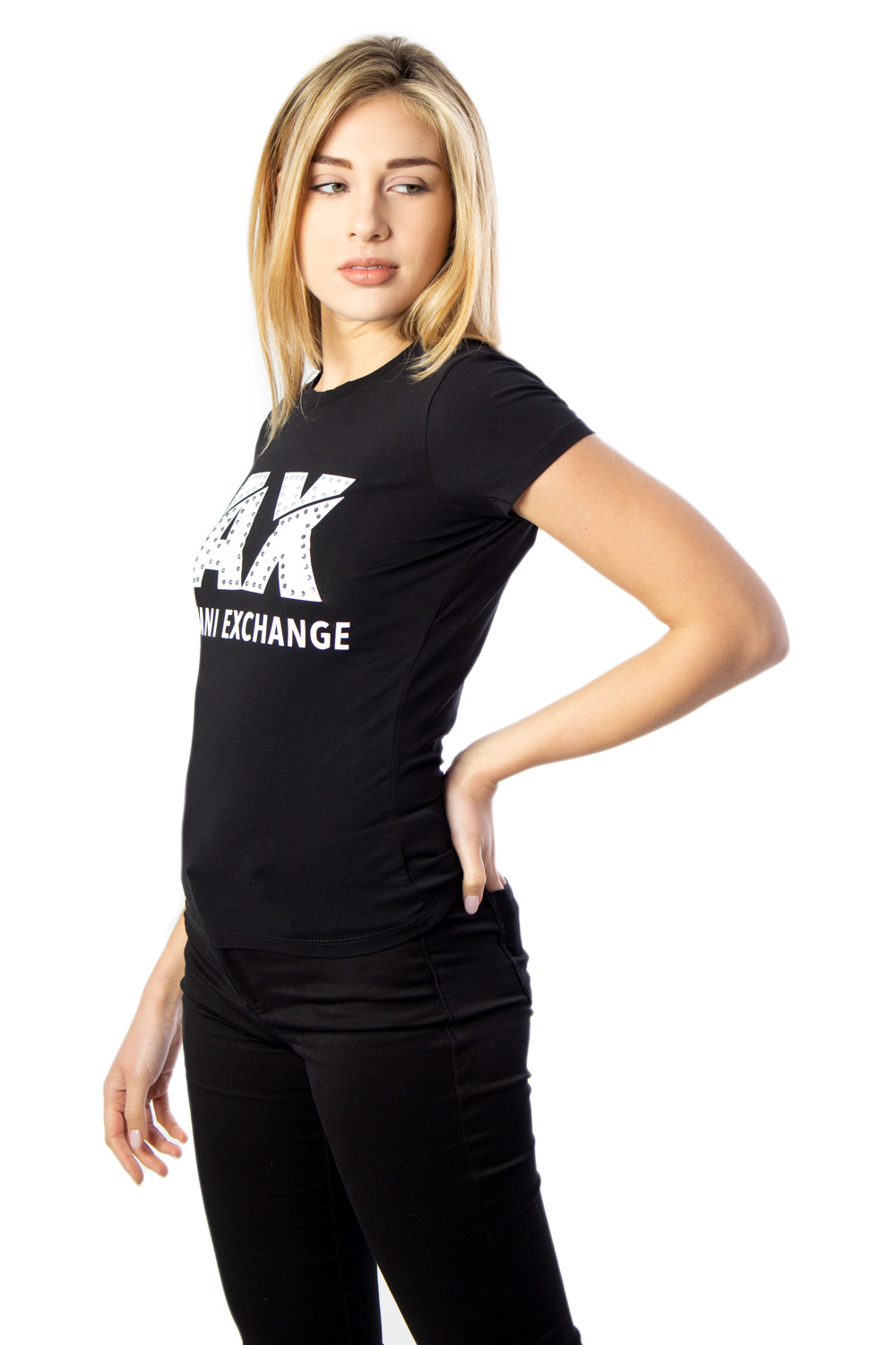 T-shirt Armani Exchange LOGO STRASS Nero - Foto 1