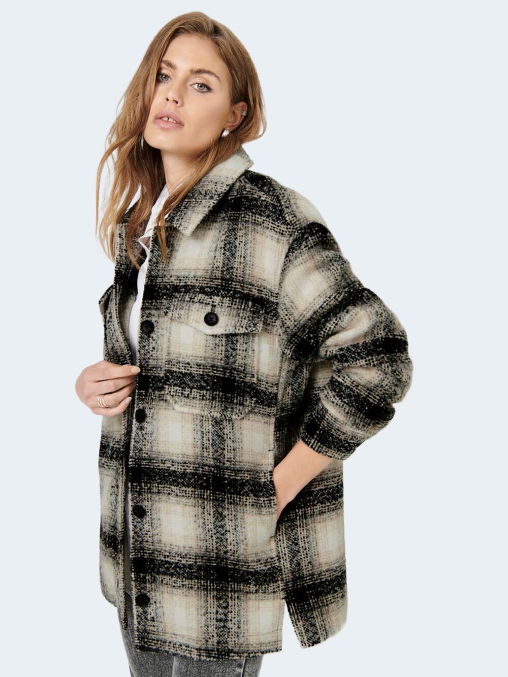 Cappotto Only ONLALLISON CHECK SHACKET Panna - Foto 2