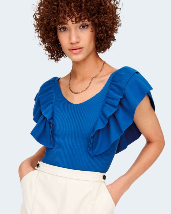 Canotta Only ONLLEELO S/L RUFFLE V-NECK TOP KNT Blu - Foto 2