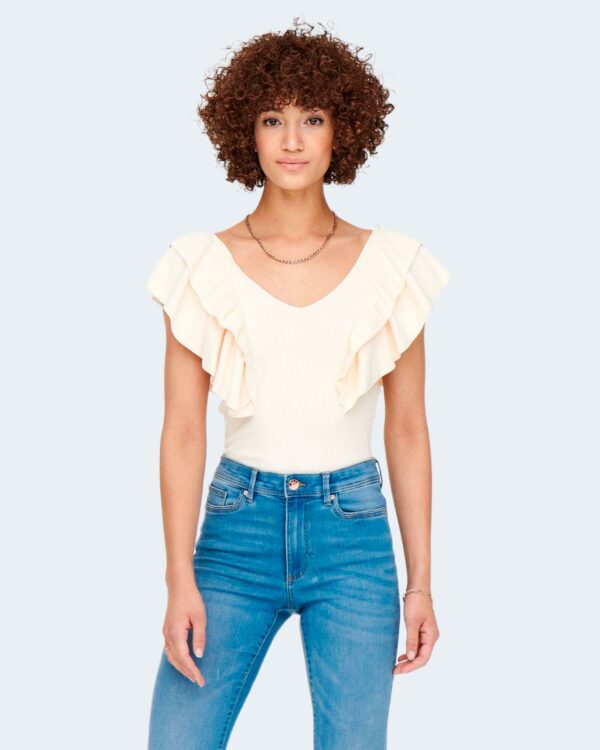 Canotta Only ONLLEELO S/L RUFFLE V-NECK TOP KNT Panna - Foto 1