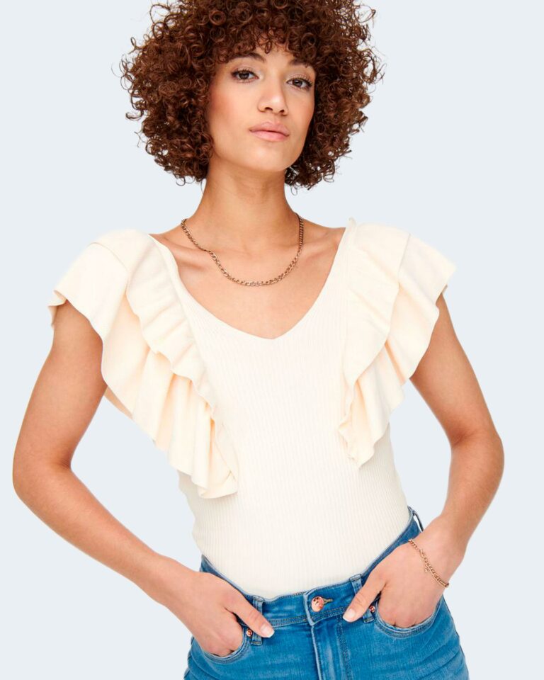 Canotta Only ONLLEELO S/L RUFFLE V-NECK TOP KNT Panna - Foto 2