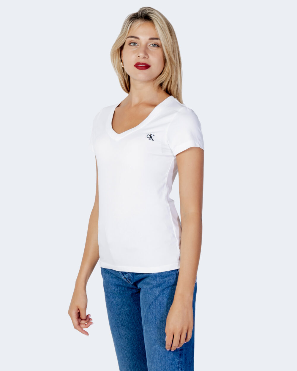 T-shirt Calvin Klein Jeans EMBROIDERY STRETCH V-NECK Bianco - Foto 3