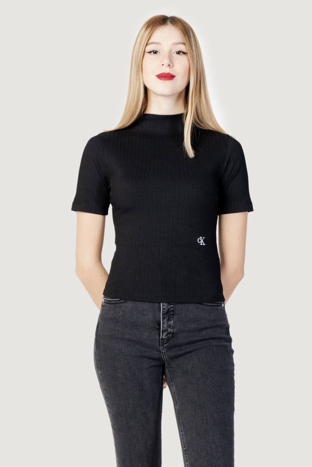T-shirt Calvin Klein Jeans SHINY RIB HIGH NECK Nero - Foto 1