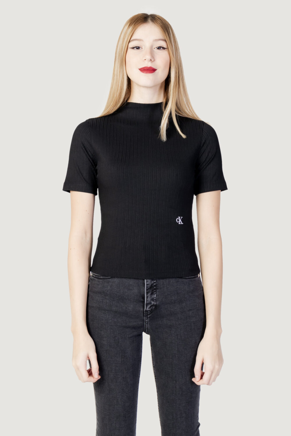 T-shirt Calvin Klein Jeans SHINY RIB HIGH NECK Nero - Foto 5