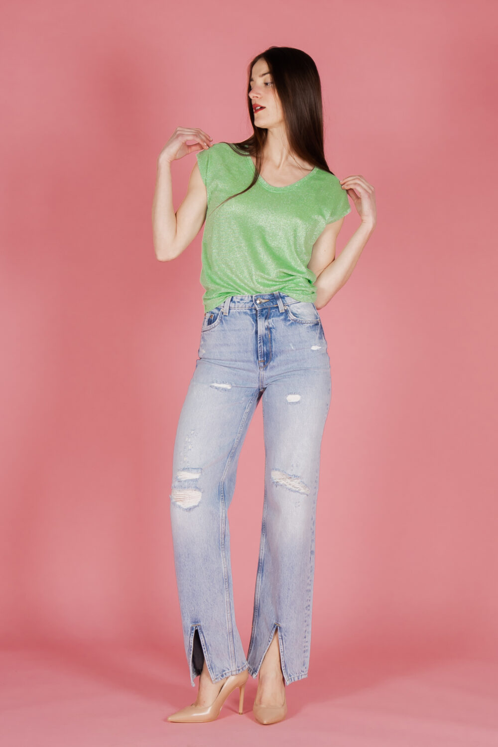 T-shirt Only ONLSILVERY S/S V NECK LUREX TOP JRS NOOS Verde - Foto 2