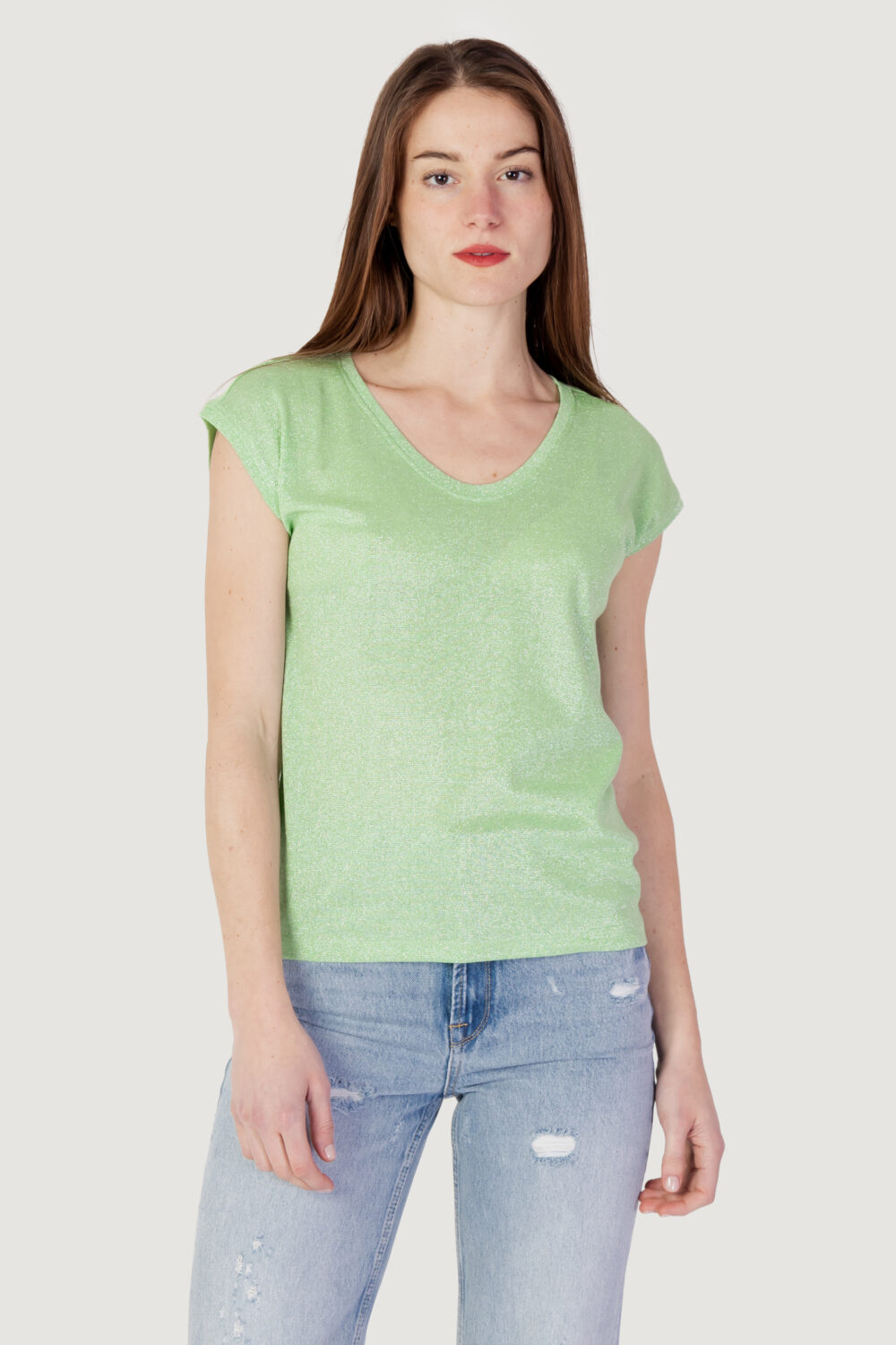 T-shirt Only ONLSILVERY S/S V NECK LUREX TOP JRS NOOS Verde - Foto 5