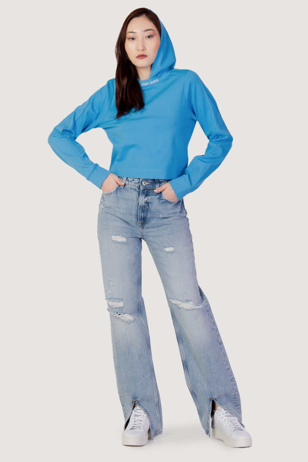 T-shirt manica lunga Calvin Klein Jeans RIB MIX SLEEVES MILA Celeste - Foto 3