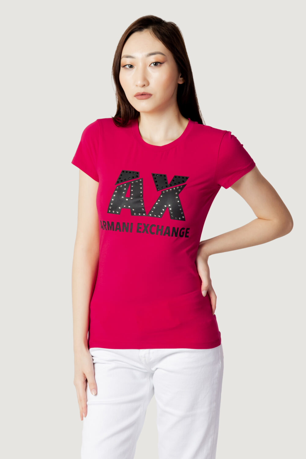 T-shirt Armani Exchange LOGO STRASS Fuxia - Foto 3