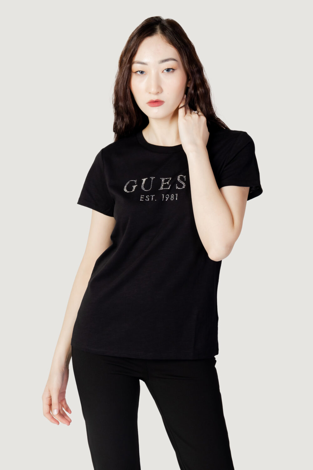 T-shirt Guess SS GUESS 1981 CRYSTAL EASY TEE Nero - Foto 1