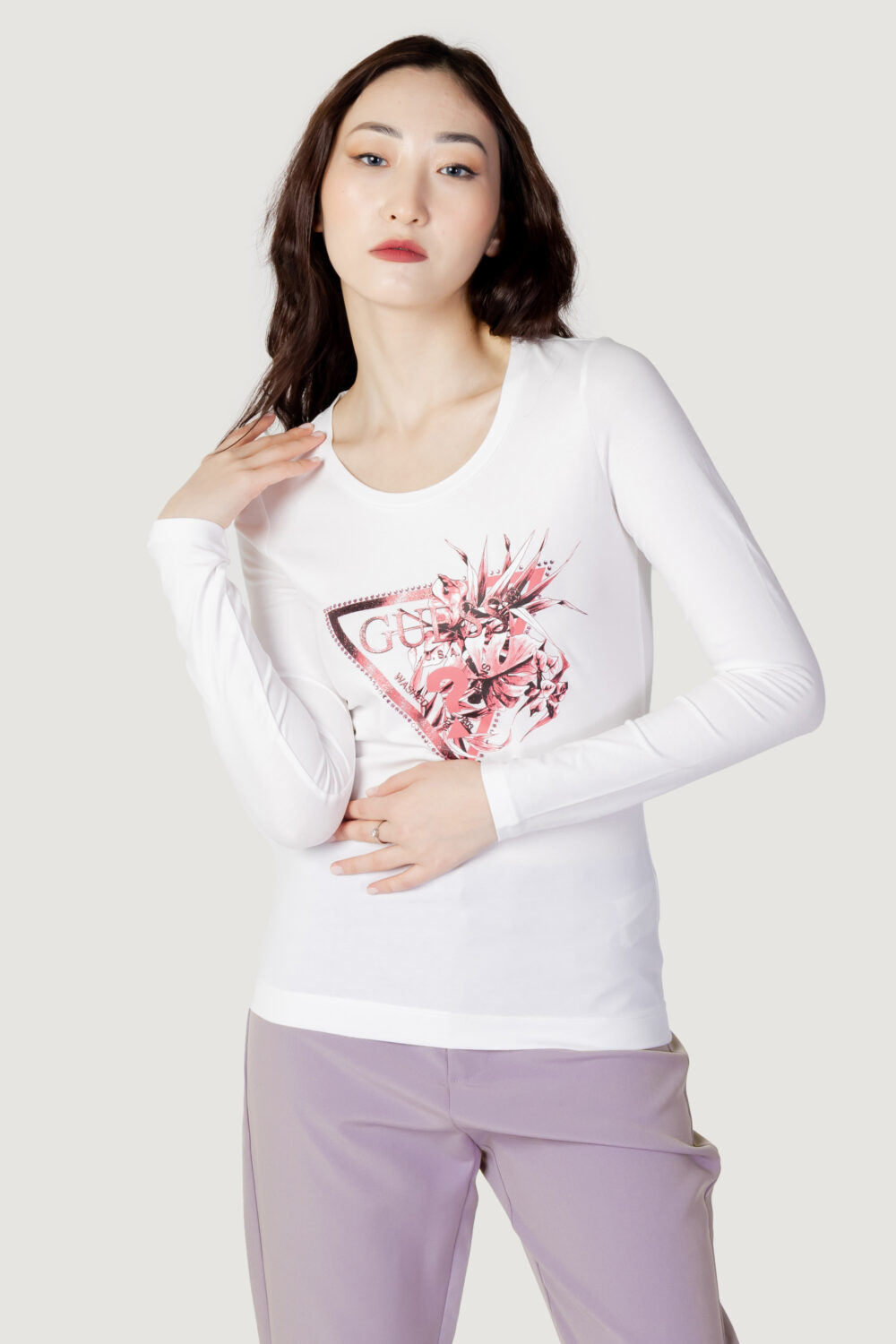 T-shirt manica lunga Guess LS RN FLOWER TRIANGLE Bianco - Foto 5