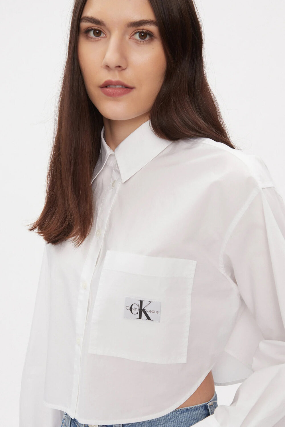 Camicia manica lunga Calvin Klein Jeans WOVEN LABEL CROPPED Bianco - Foto 2