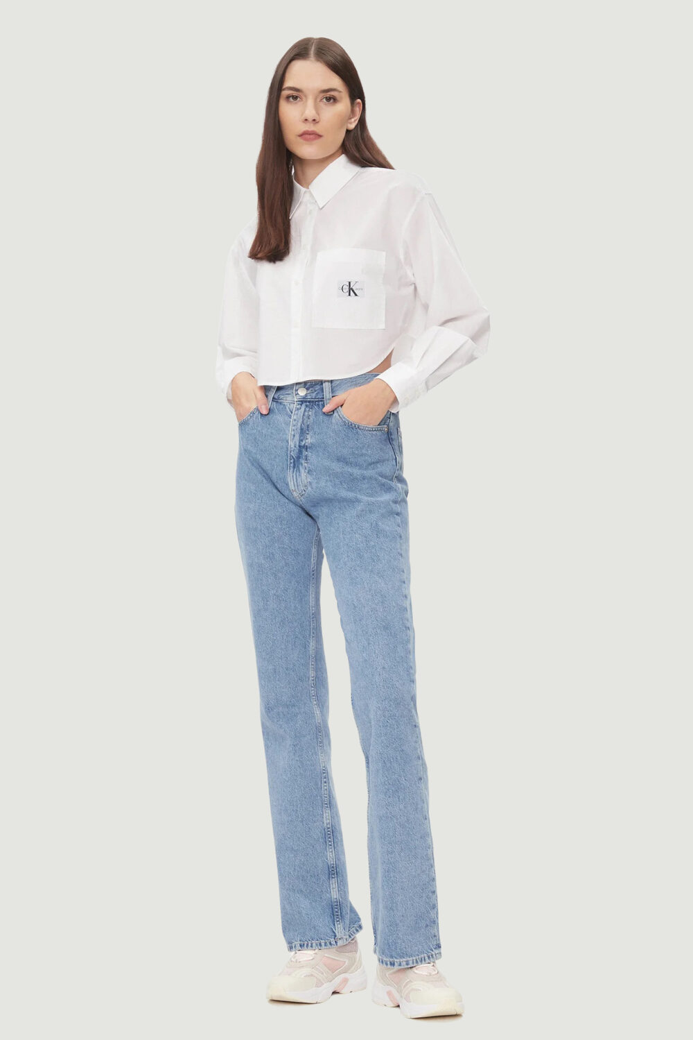 Camicia manica lunga Calvin Klein Jeans WOVEN LABEL CROPPED Bianco - Foto 5