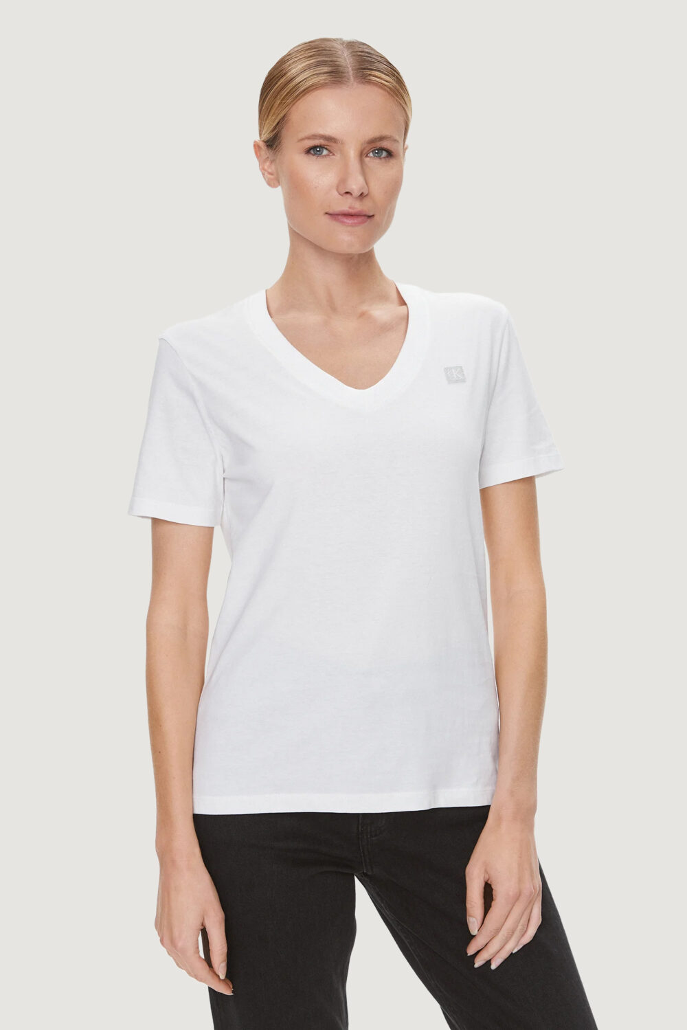T-shirt Calvin Klein Jeans EMBRO BADGE V-NEC Bianco - Foto 1