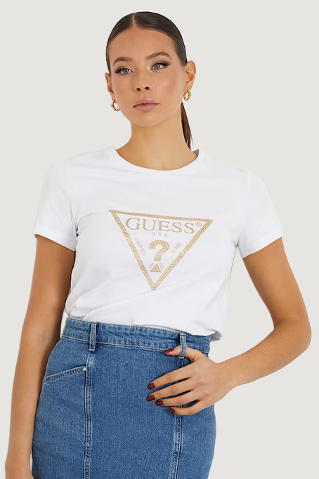 T-shirt Guess SS CN GOLD TRIANGLE Bianco