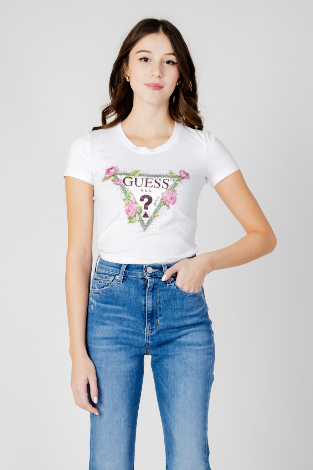 T-shirt Guess SS RN FLORAL TRIANGLE Bianco - Foto 1