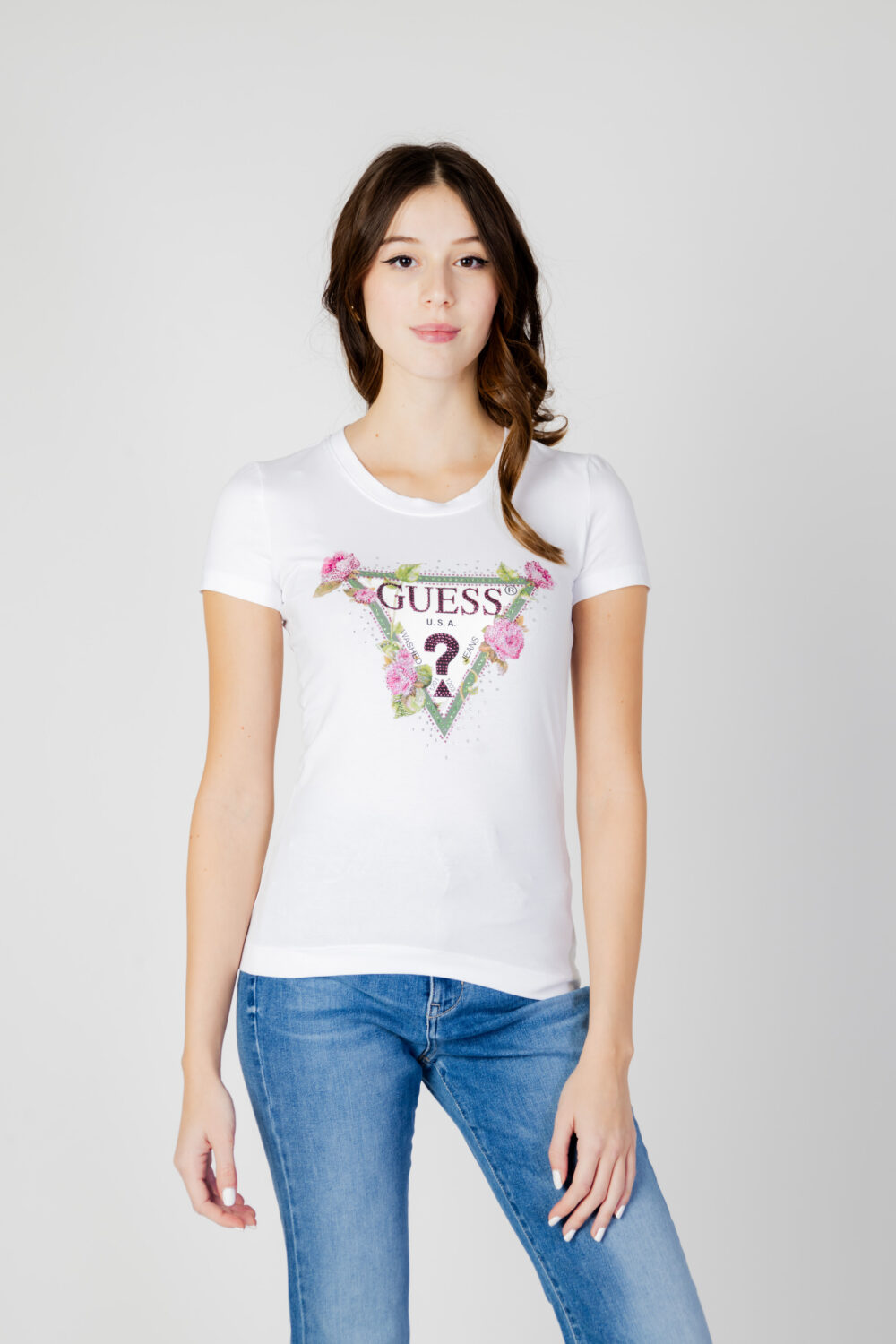 T-shirt Guess SS RN FLORAL TRIANGLE Bianco - Foto 4