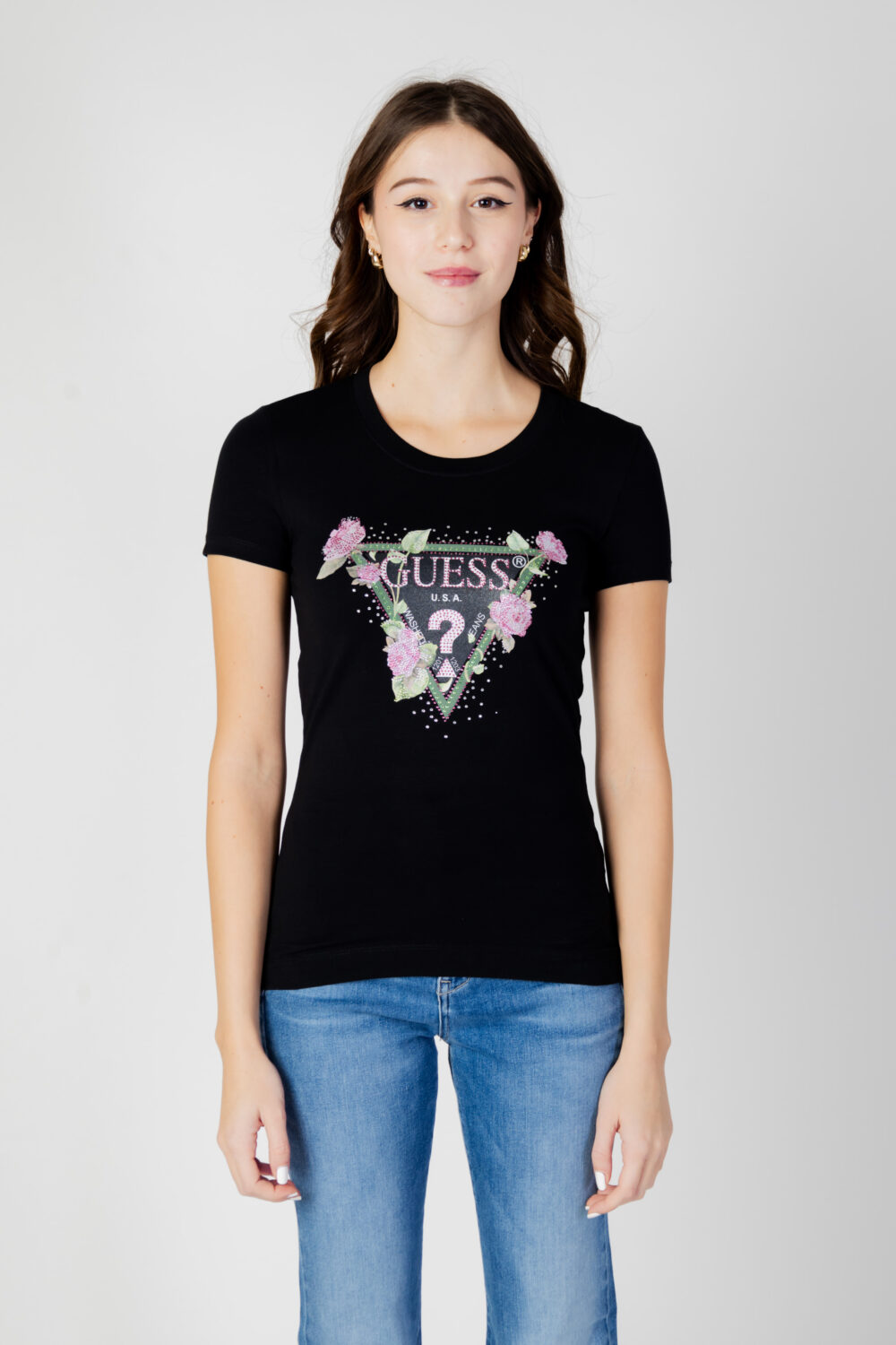 T-shirt Guess SS RN FLORAL TRIANGLE Nero - Foto 4