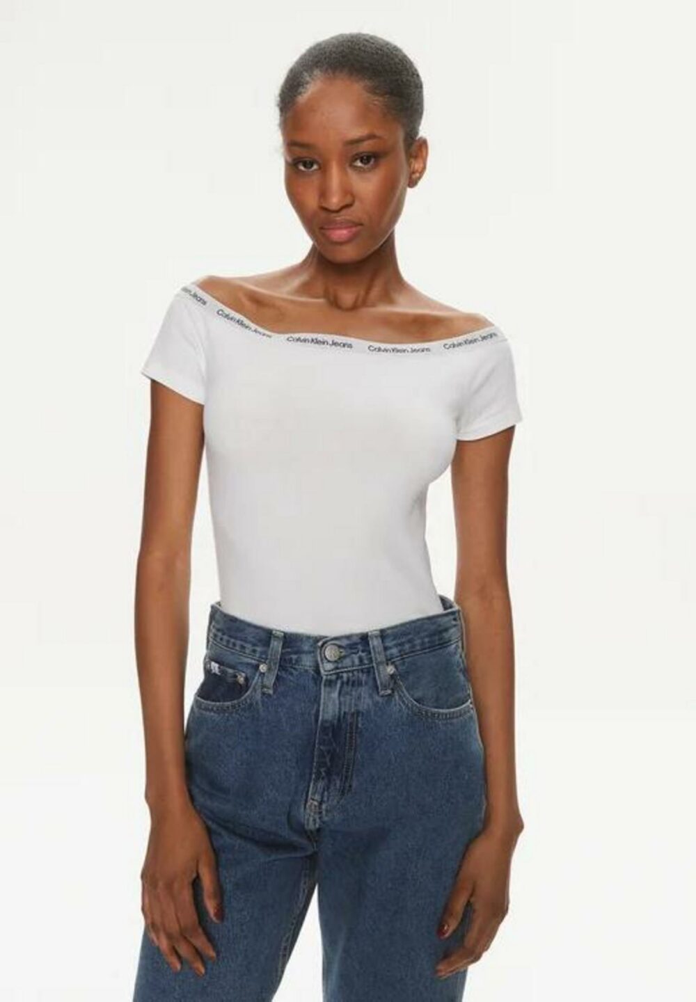 T-shirt Calvin Klein Jeans LOGO ELASTIC BARDOT Bianco - Foto 1