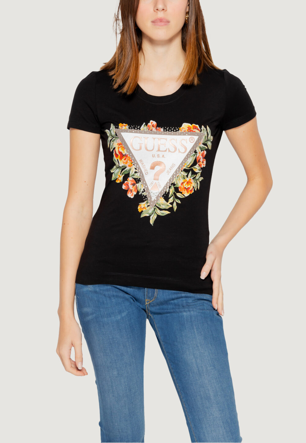T-shirt Guess SS CN TRIANGLE FLOWERS Nero - Foto 1
