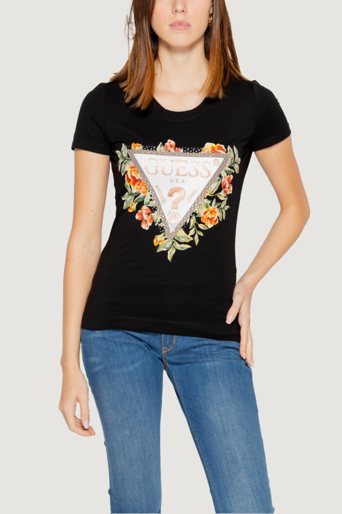 T-shirt Guess SS CN TRIANGLE FLOWERS Nero