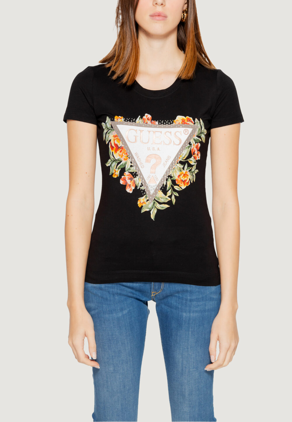 T-shirt Guess SS CN TRIANGLE FLOWERS Nero - Foto 5