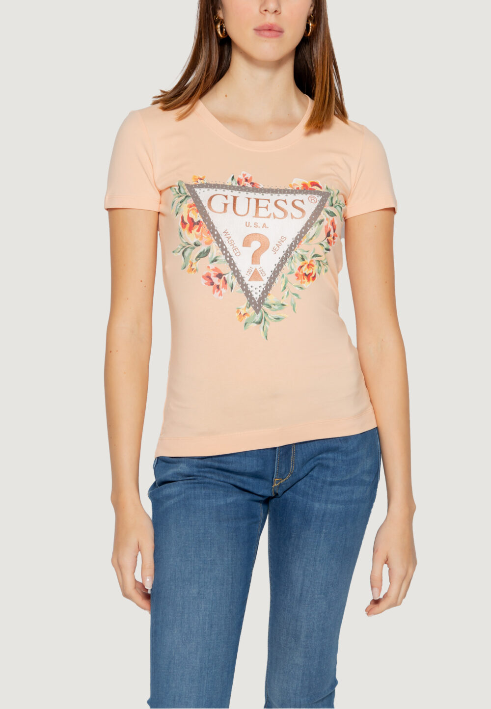 T-shirt Guess SS CN TRIANGLE FLOWERS Pesca - Foto 1