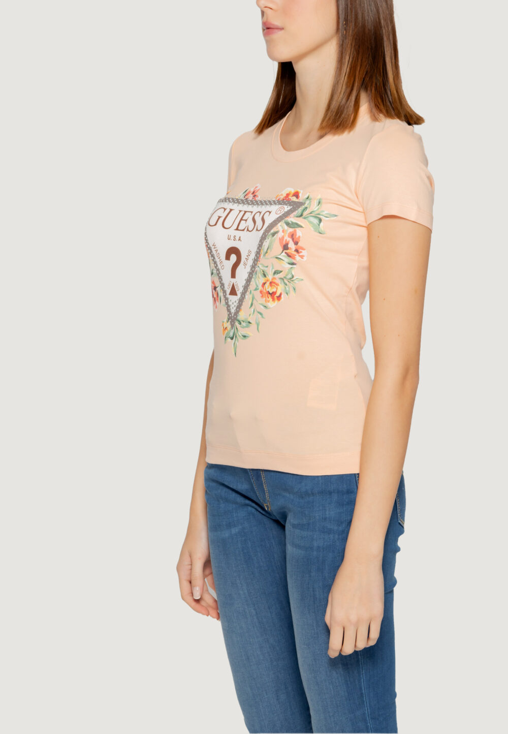 T-shirt Guess SS CN TRIANGLE FLOWERS Pesca - Foto 3