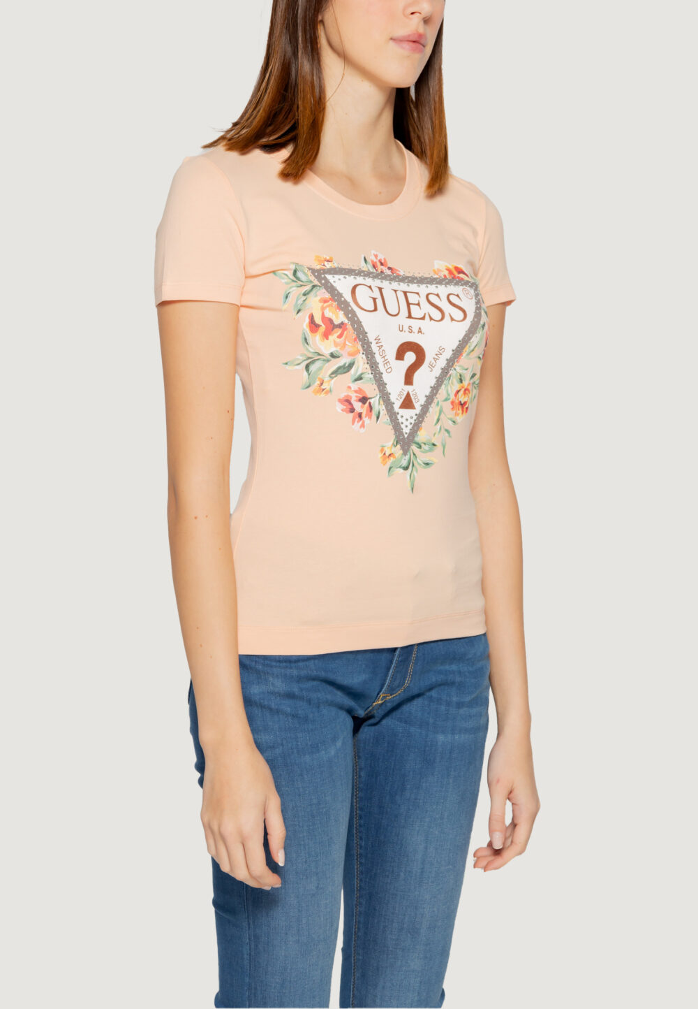 T-shirt Guess SS CN TRIANGLE FLOWERS Pesca - Foto 4