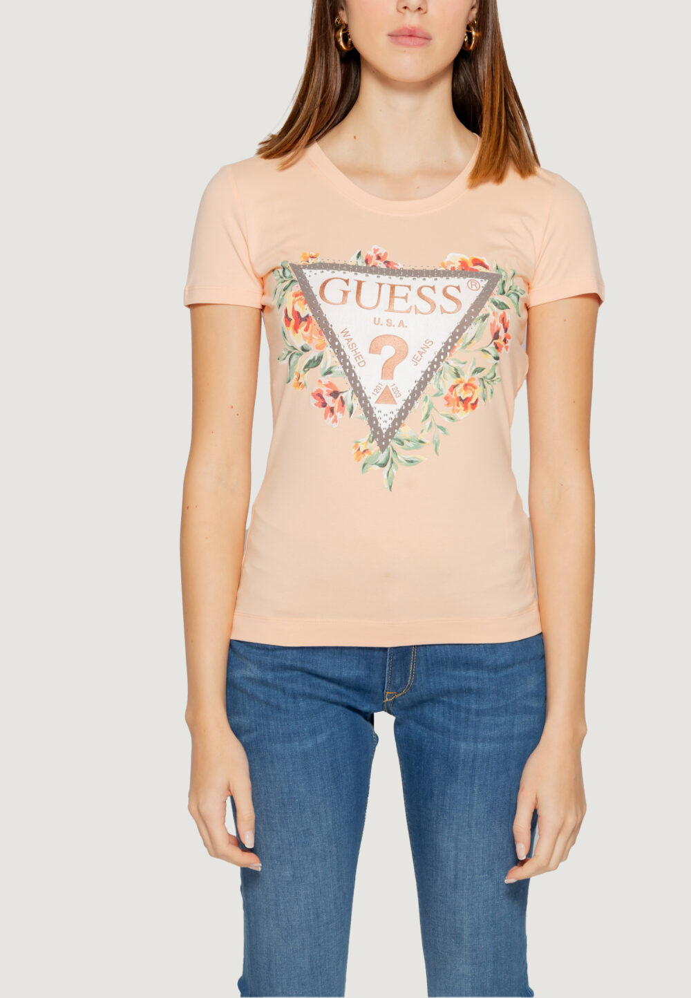 T-shirt Guess SS CN TRIANGLE FLOWERS Pesca - Foto 5
