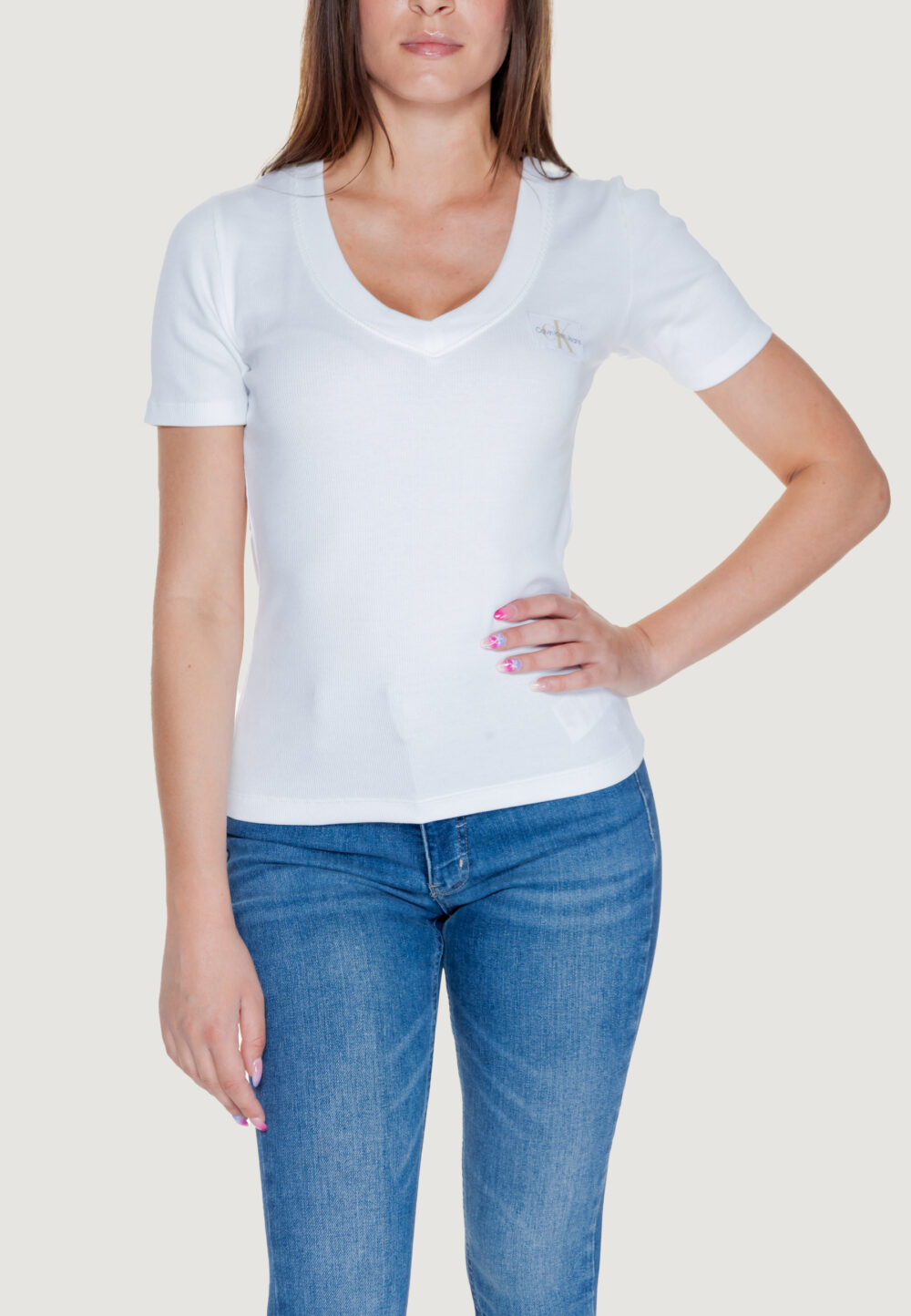 T-shirt Calvin Klein Jeans WOVEN LABEL RIB V-NECK Bianco - Foto 1