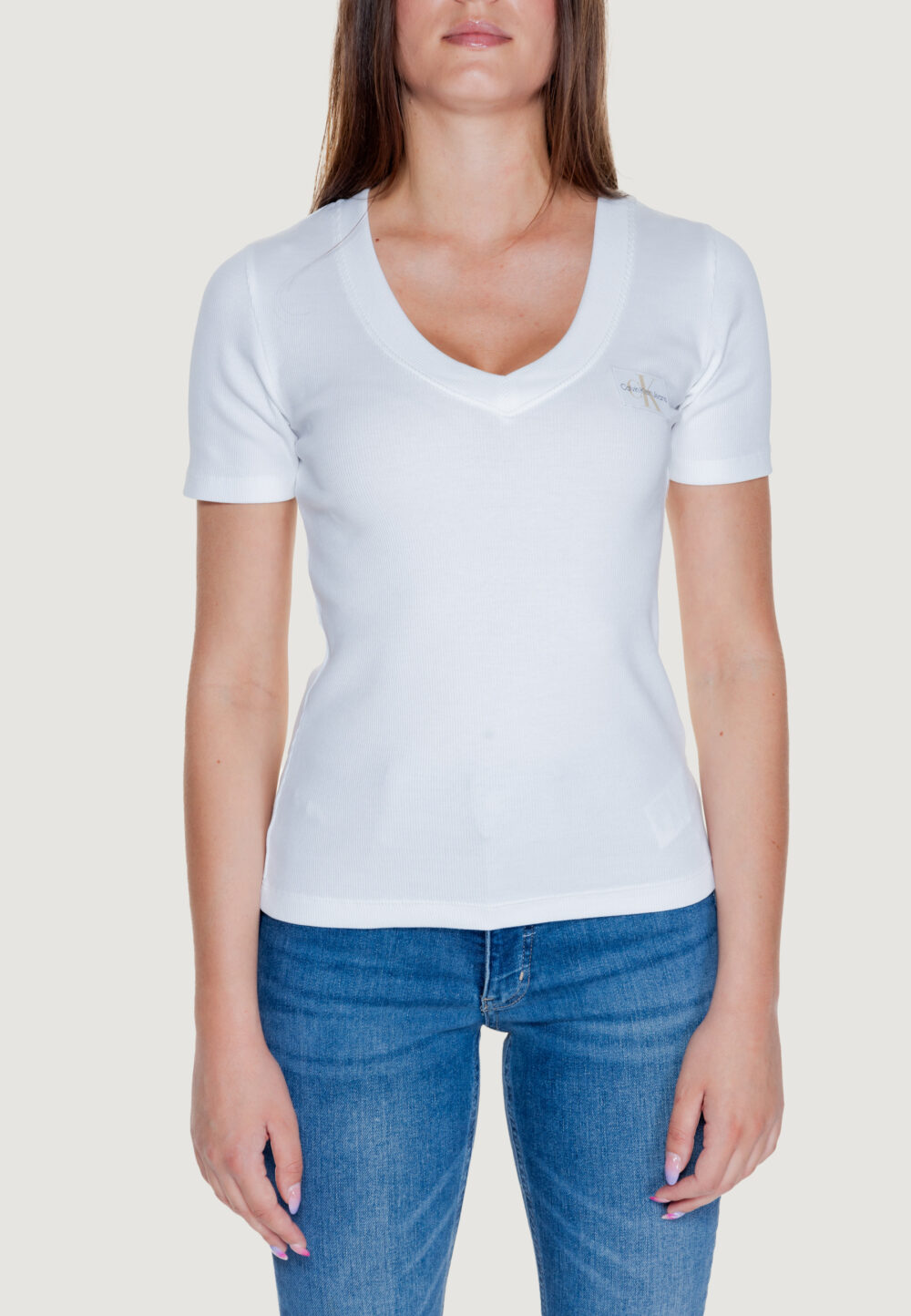 T-shirt Calvin Klein Jeans WOVEN LABEL RIB V-NECK Bianco - Foto 5