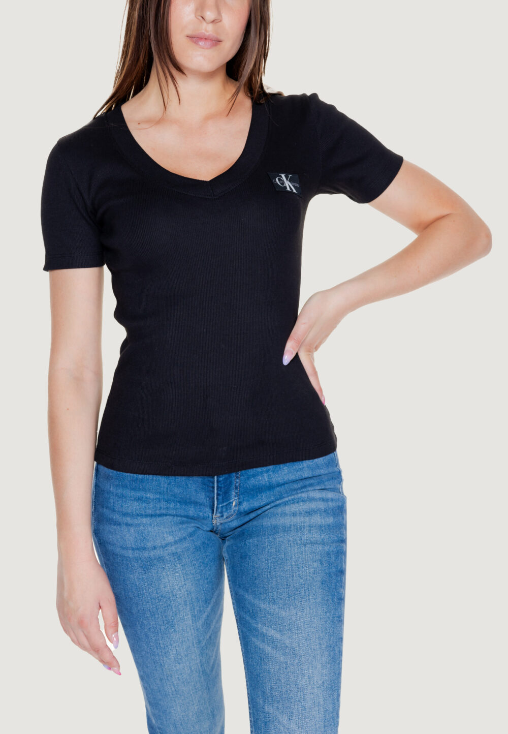 T-shirt Calvin Klein Jeans WOVEN LABEL RIB V-NECK Nero - Foto 1