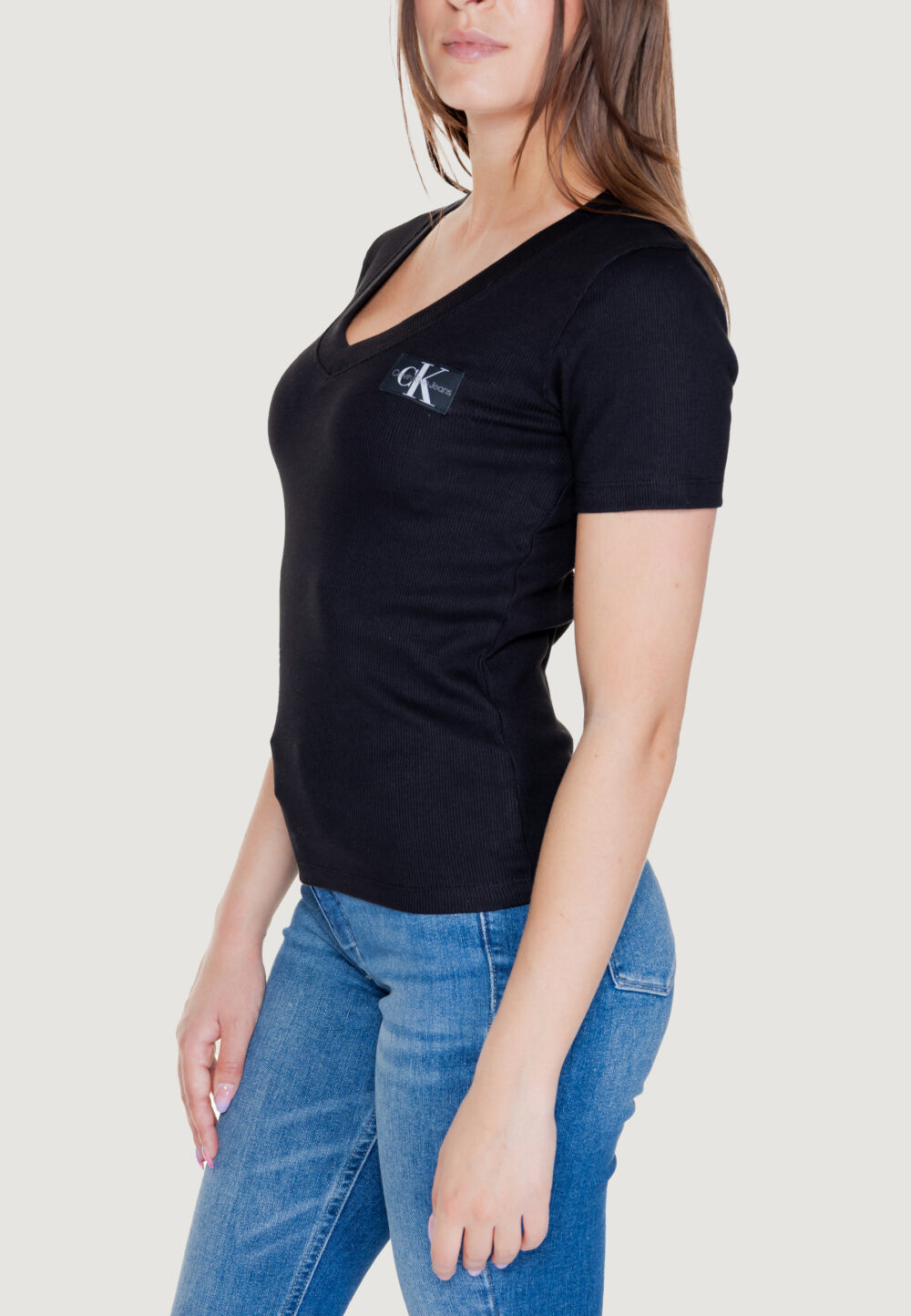 T-shirt Calvin Klein Jeans WOVEN LABEL RIB V-NECK Nero - Foto 4