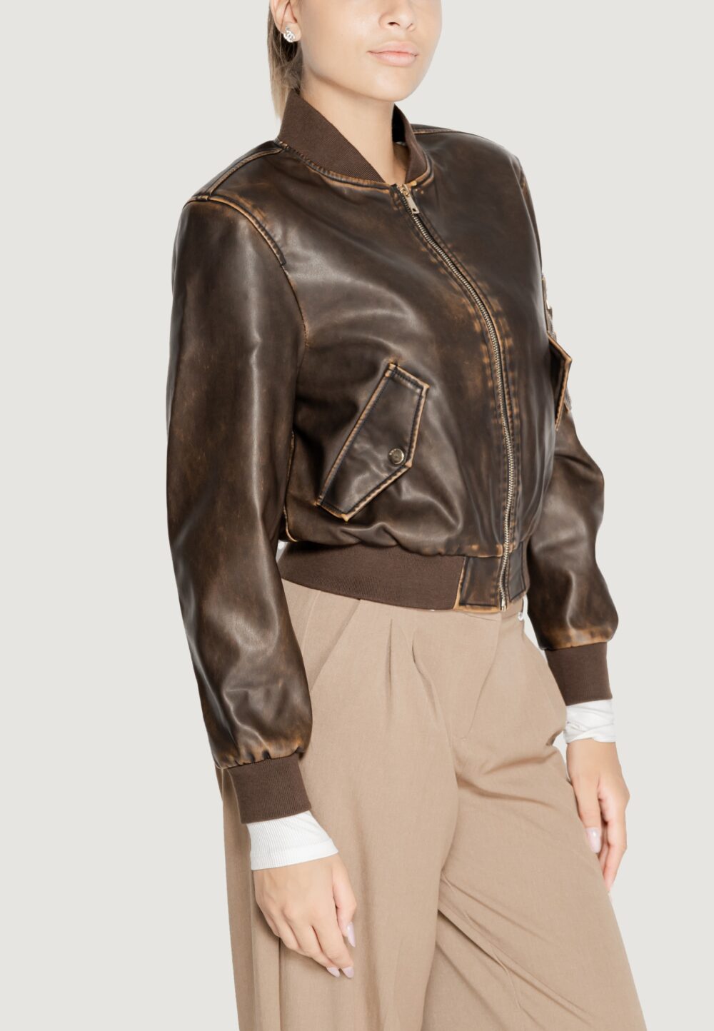 Giacchetto Only Onlhalli Faux Leather Bomber Cc Otw Marrone - Foto 4