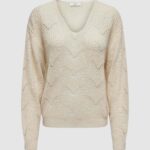 Maglione Jacqueline de Yong JDYBADUT L/S V-NECK STRUC GLITT PULL KNT Panna - Foto 1