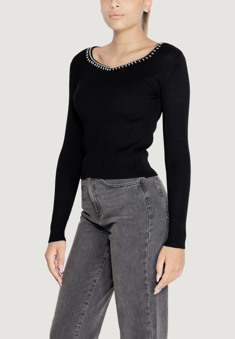 Maglione Only ONLEMMA LS V-NECK PEARL KNT Nero - Foto 4