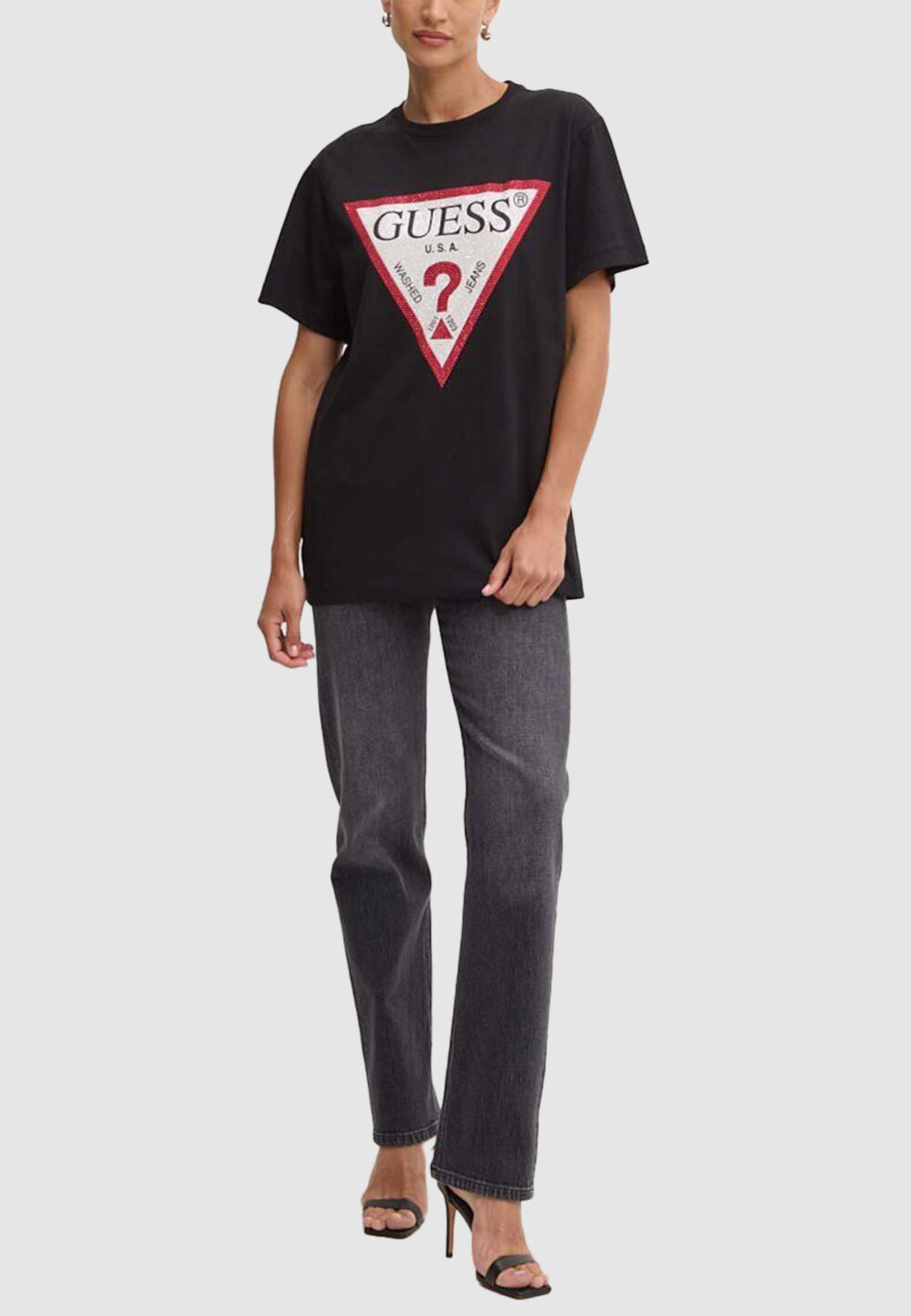 T-shirt Guess SS CN SHINY TRIANGLE Nero - Foto 2