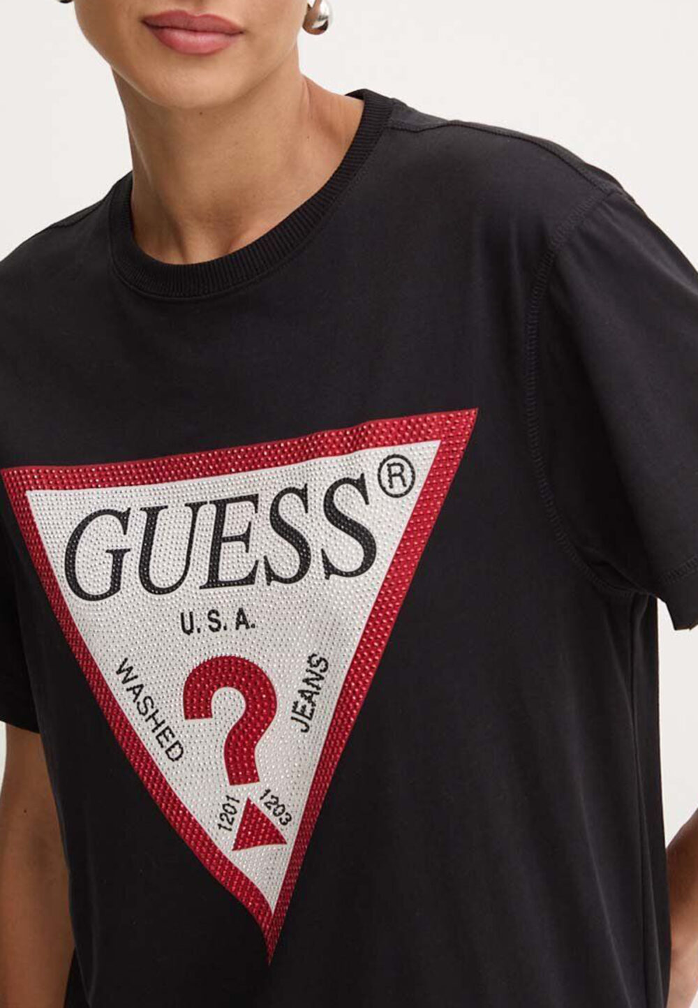 T-shirt Guess SS CN SHINY TRIANGLE Nero - Foto 4