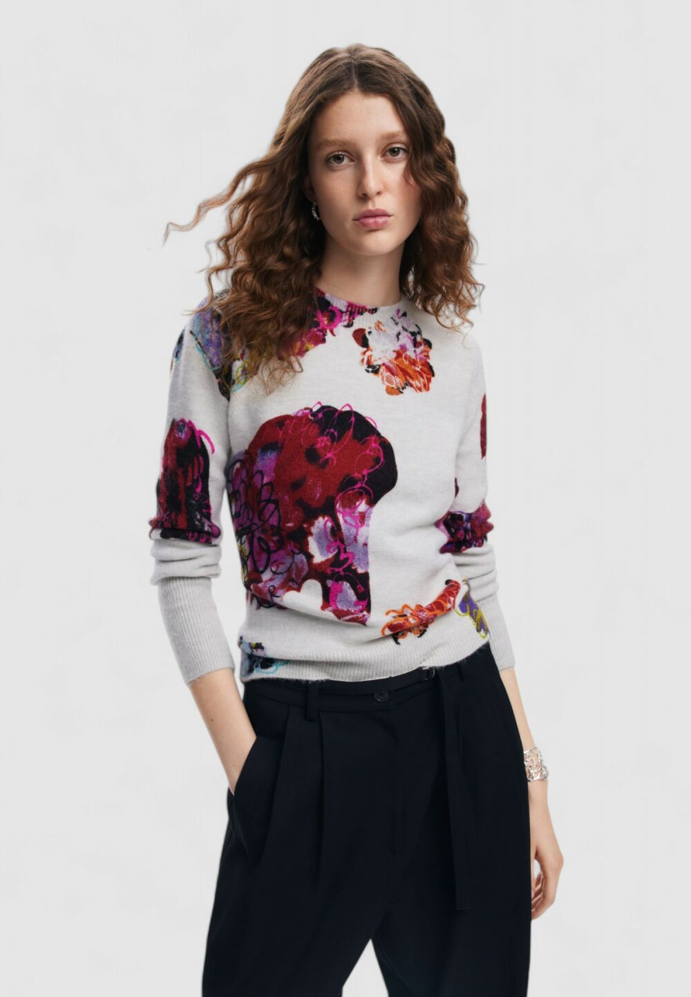 Maglione Desigual JERS_MAXFLOWER SCRIBBL Grigio - Foto 2