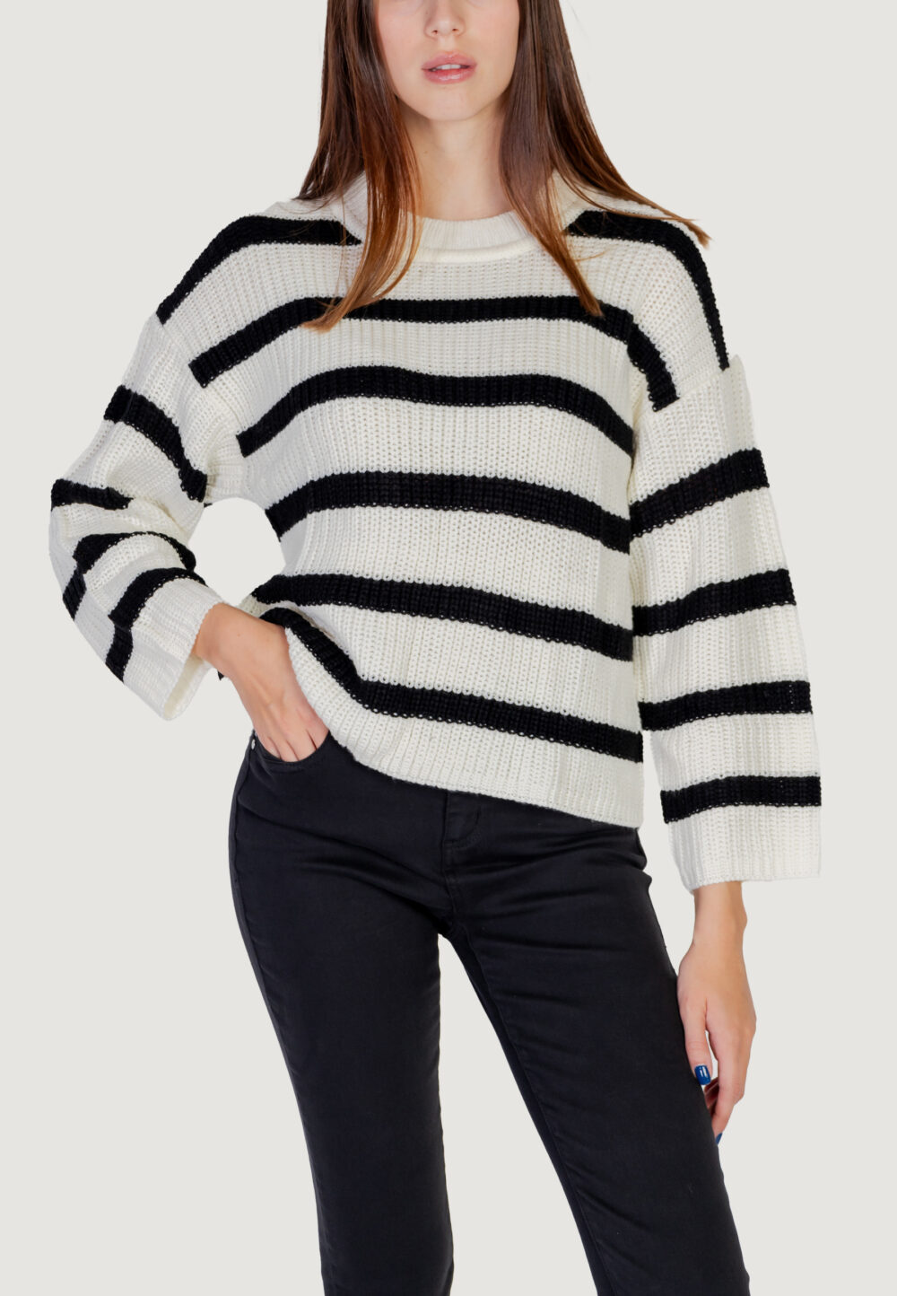 Maglione Only JDYJUSTY L/S STRIPE PULLOVER KNT NOOS Panna - Foto 1