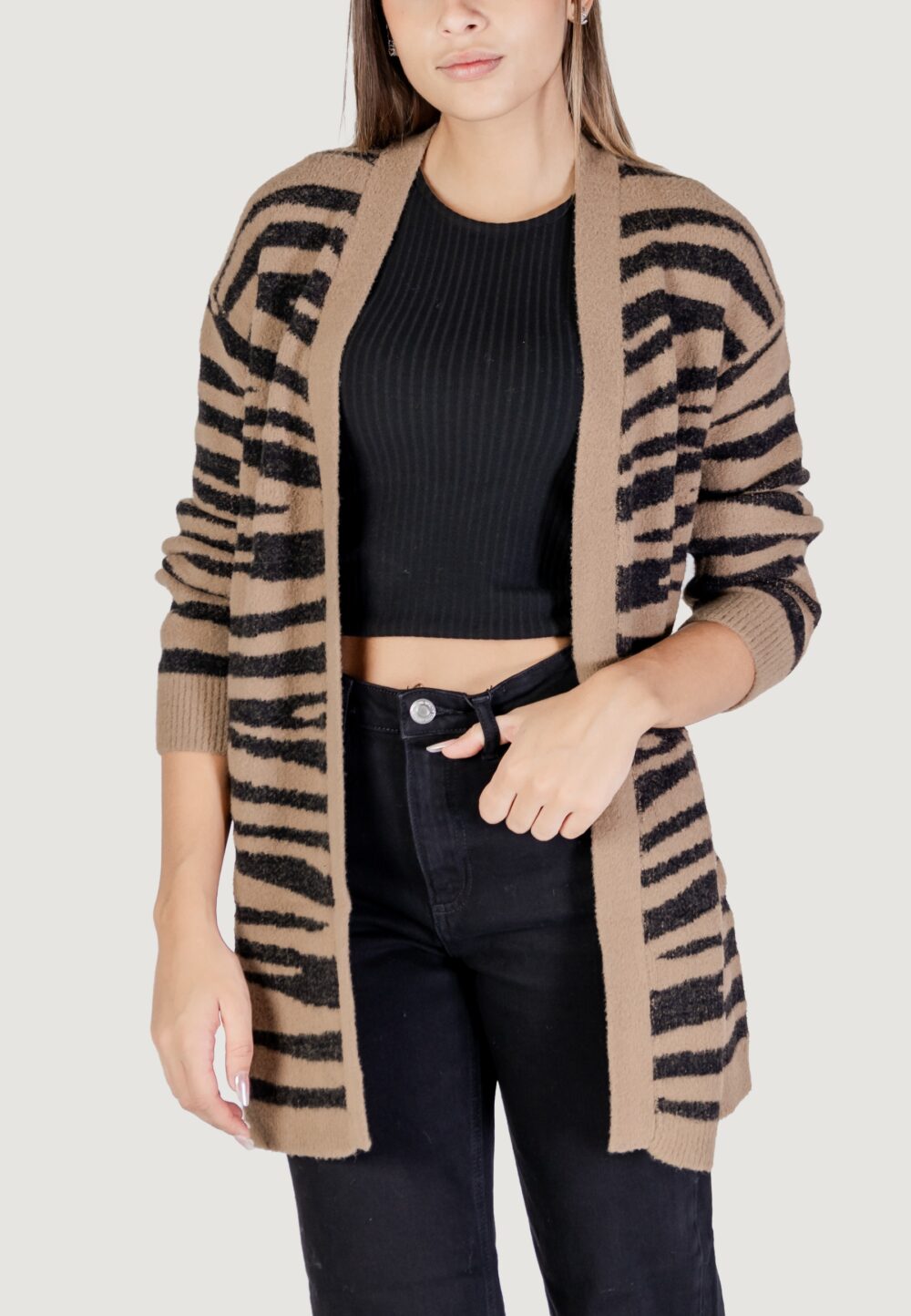 Cardigan Jacqueline de Yong Jdylorraine Animal L/S Long Knt Marrone - Foto 1