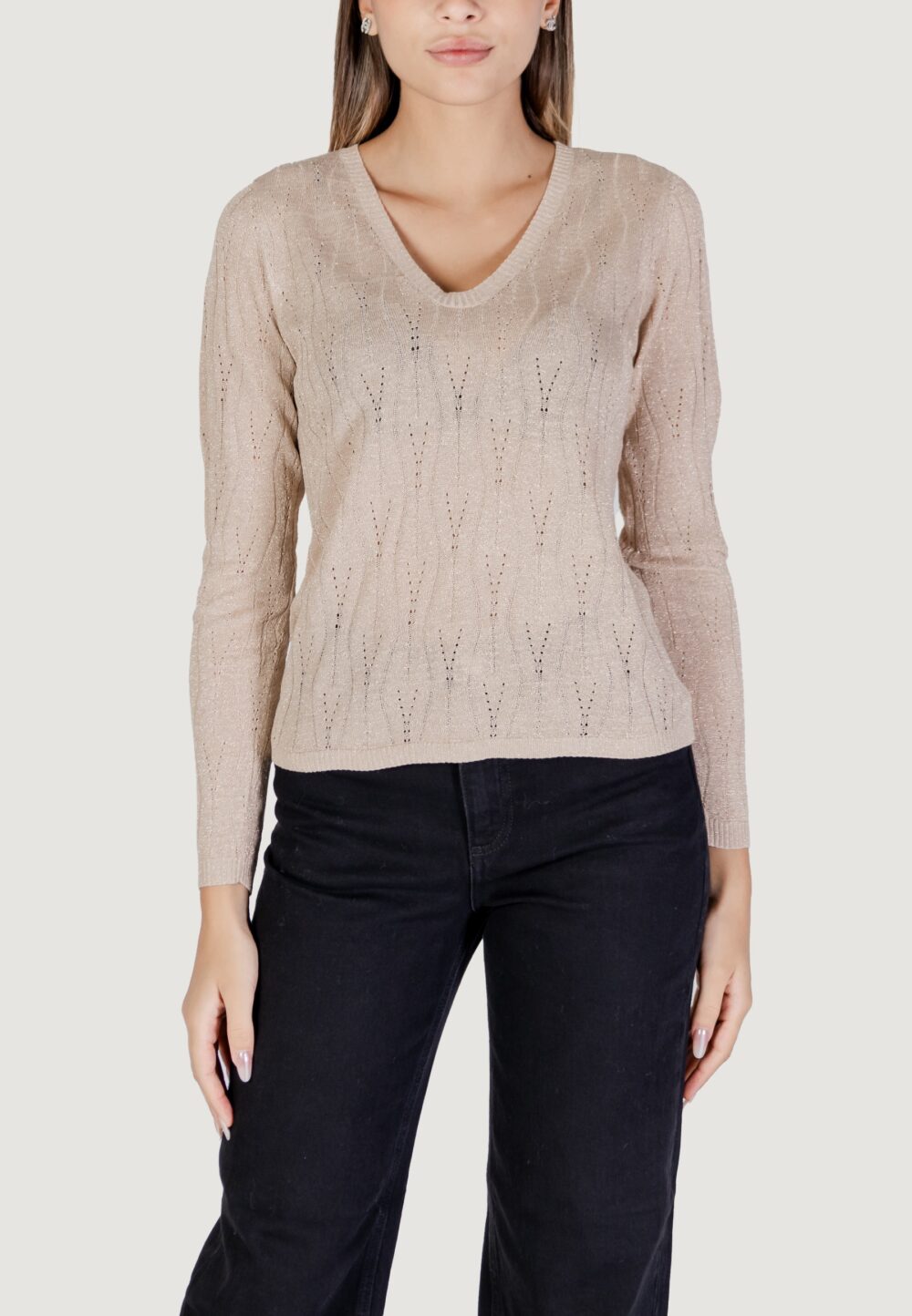 Maglia Only Onlmella Ls Glitter V-Neck Cc Knt Beige - Foto 1