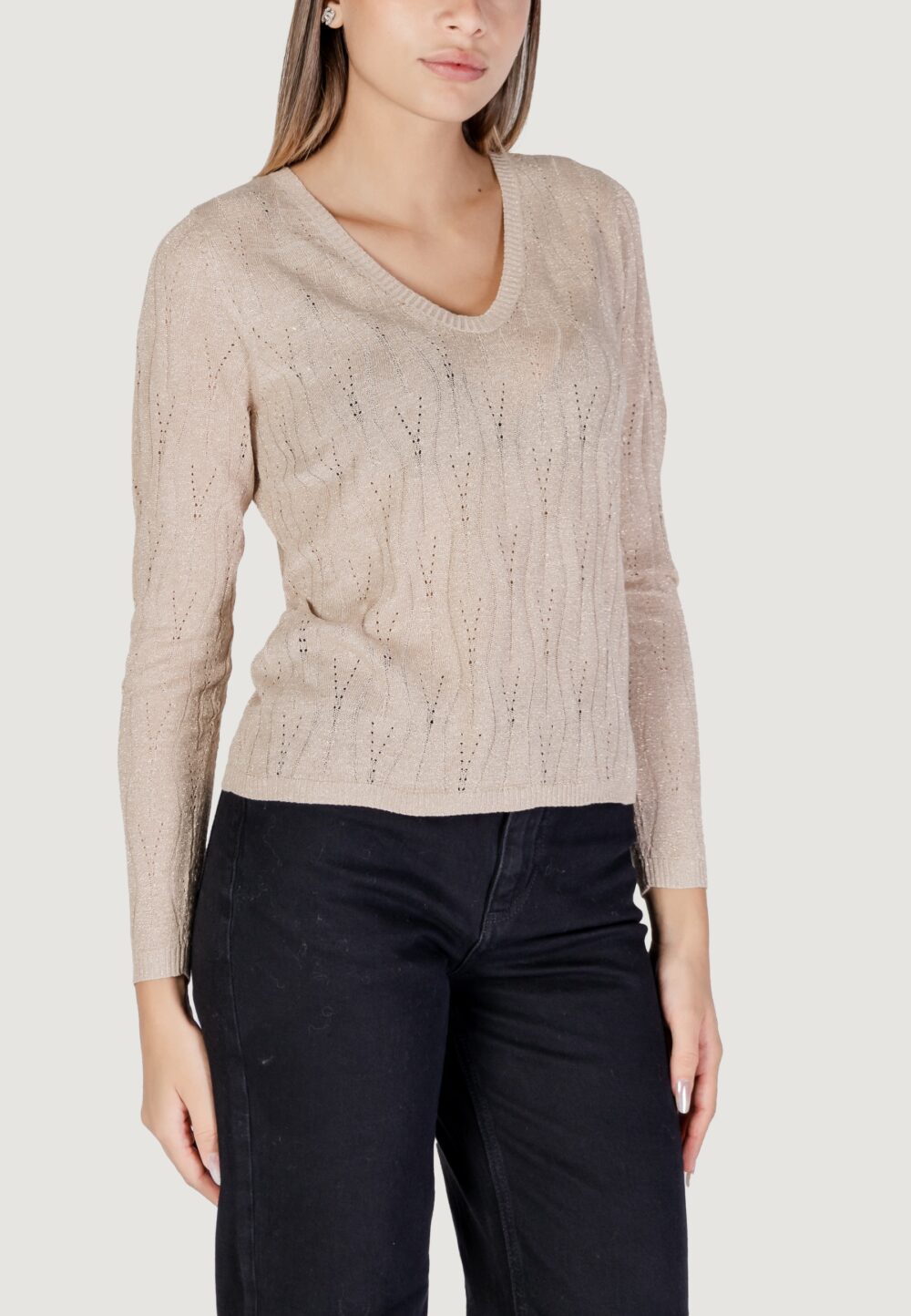 Maglia Only Onlmella Ls Glitter V-Neck Cc Knt Beige - Foto 3