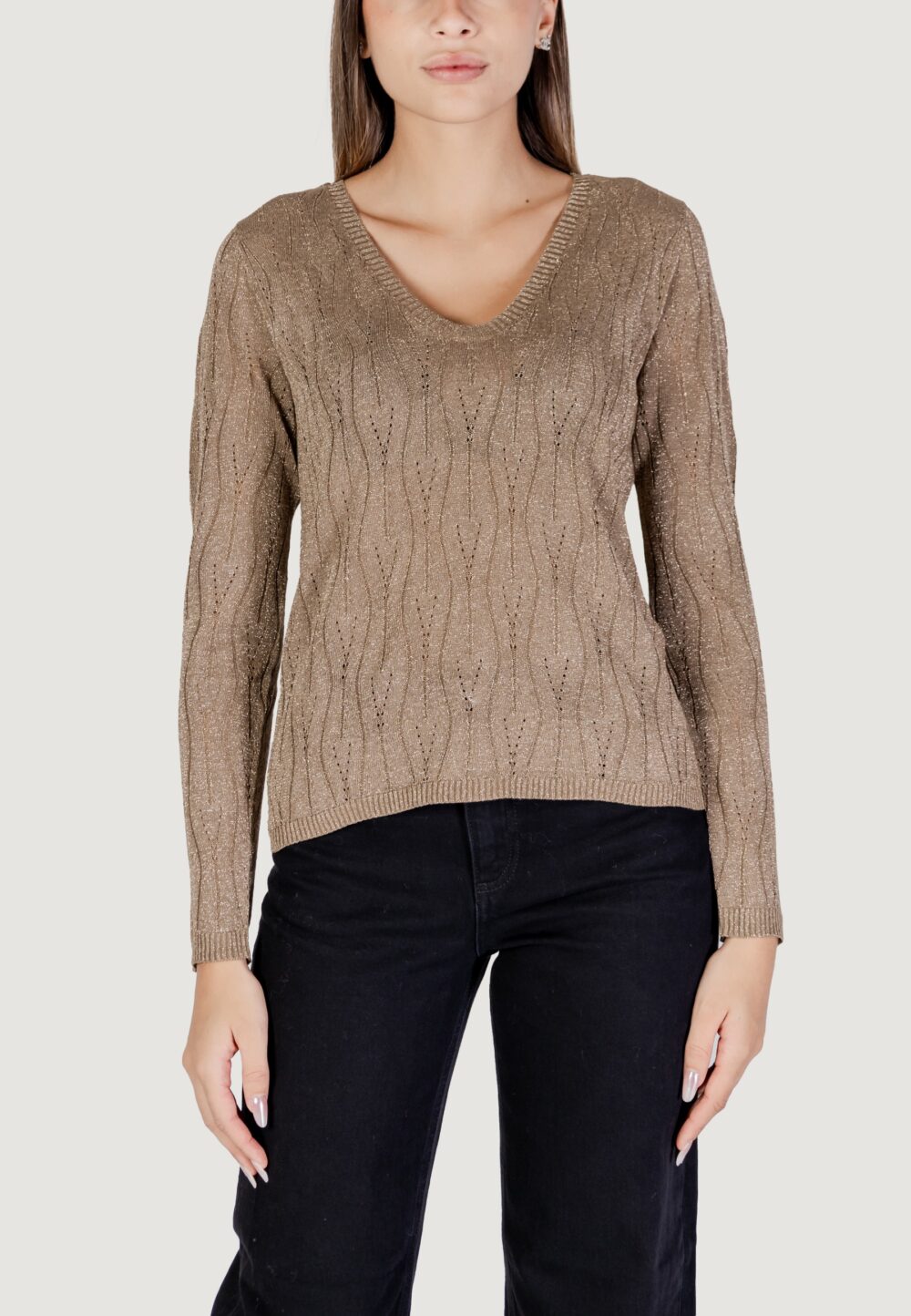 Maglia Only Onlmella Ls Glitter V-Neck Cc Knt Marrone - Foto 5