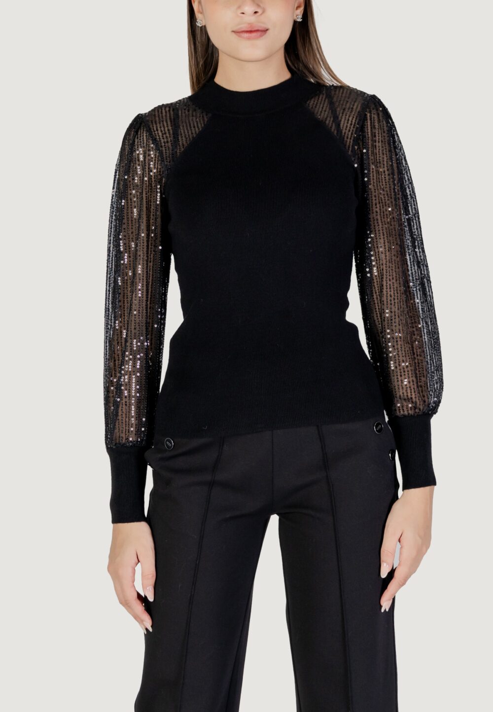 Maglia Only ONLNAJA LS SEQUINS HIGH NECK KNT Nero - Foto 2