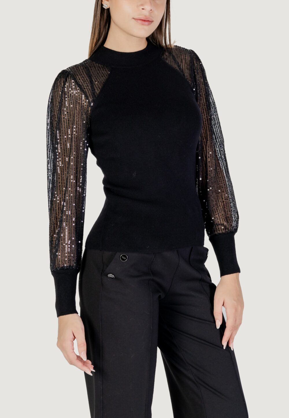 Maglia Only ONLNAJA LS SEQUINS HIGH NECK KNT Nero - Foto 3