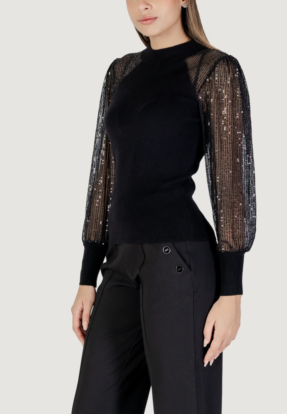 Maglia Only ONLNAJA LS SEQUINS HIGH NECK KNT Nero - Foto 5