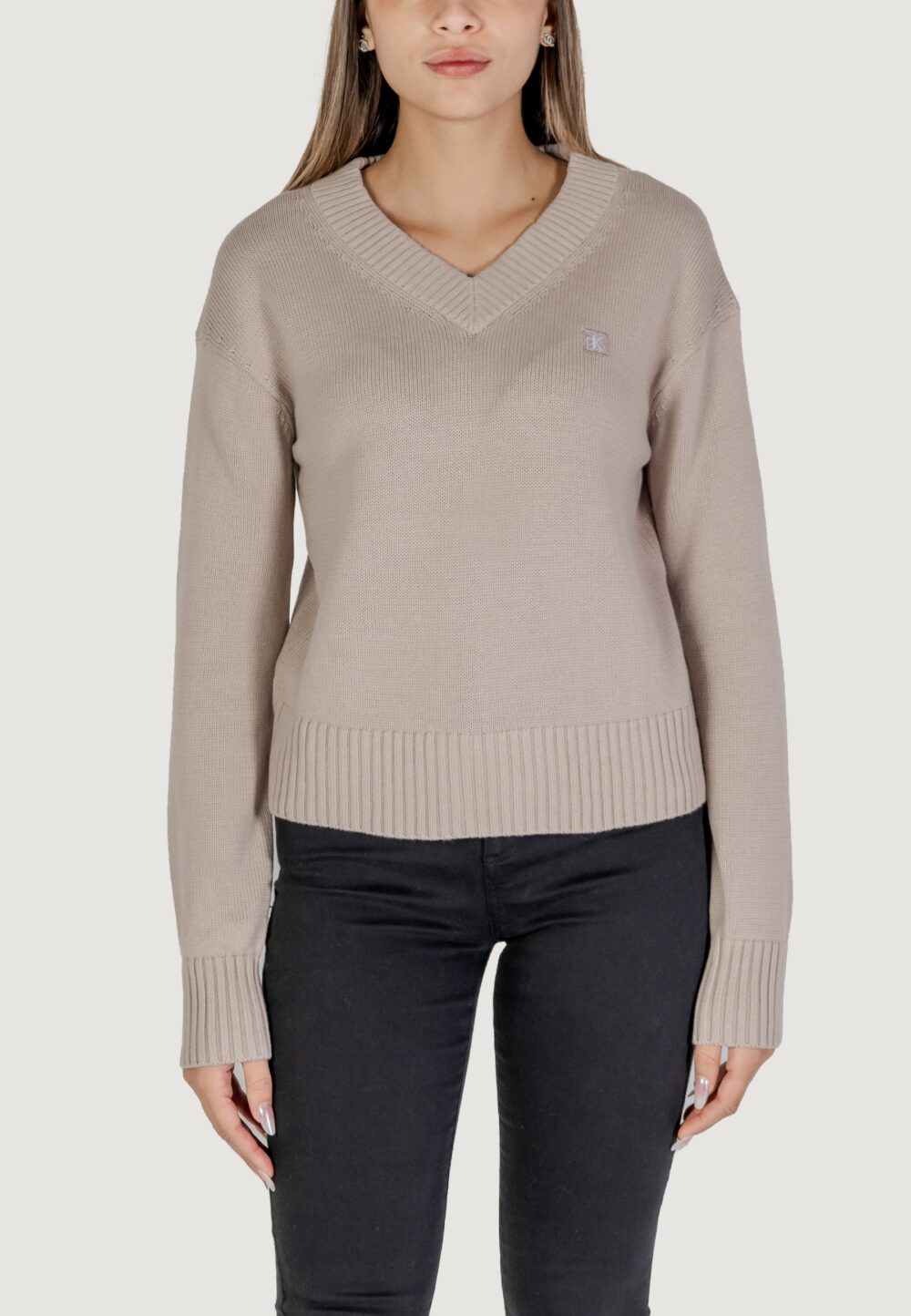 Maglione Calvin Klein Jeans CK EMBRO BADGE V-NECK Beige - Foto 1